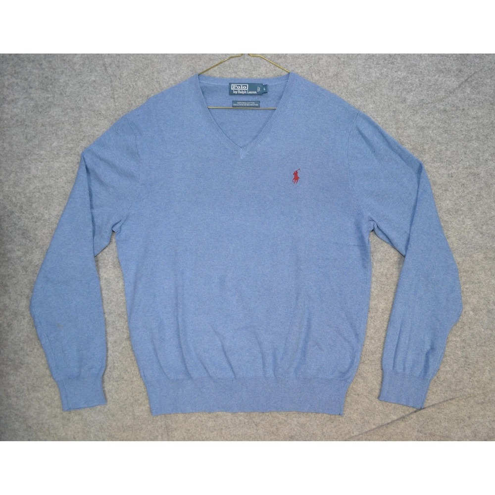 VTG Polo Ralph Lauren Sweater Mens L Blue Pure Pima Cotton V Neck Knit Pullover